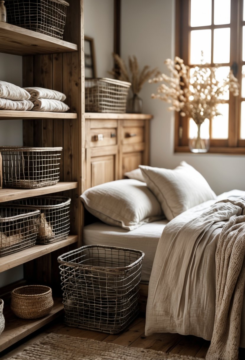 A bedroom with rustic wire baskets used for storage placed on wooden shelves and near the bed, featuring warm natural light and cozy furnishings.