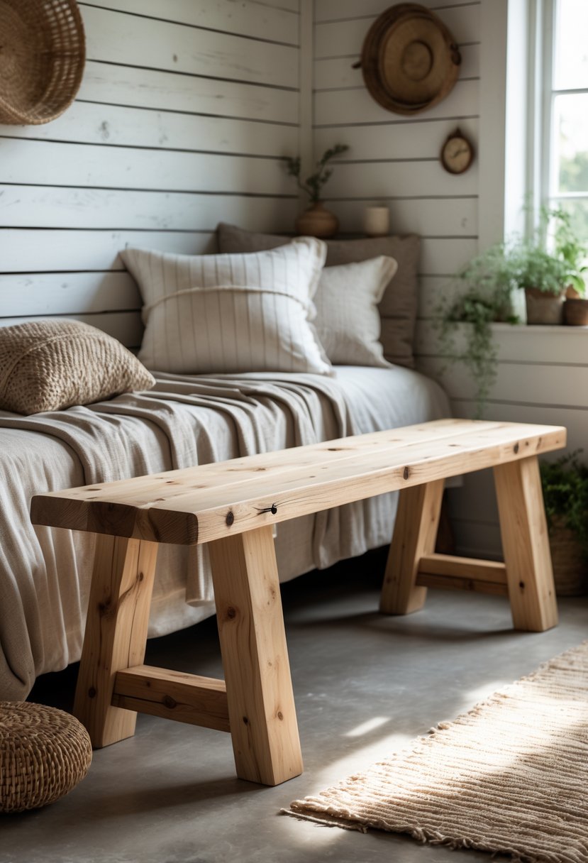 A large wooden bench seating 15 people in a cozy bedroom with natural light and rustic decor.