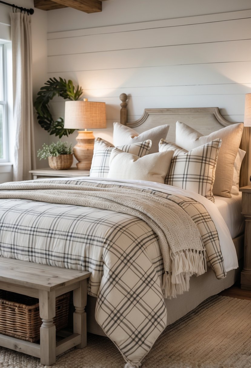 A neatly made bed with plaid bedding in a warm, inviting bedroom with wooden furniture and soft lighting.