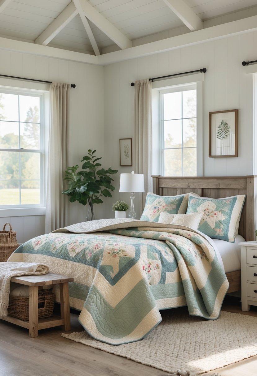 A bright bedroom with a bed covered in a colorful patterned quilt, wooden furniture, and natural light coming through large windows.