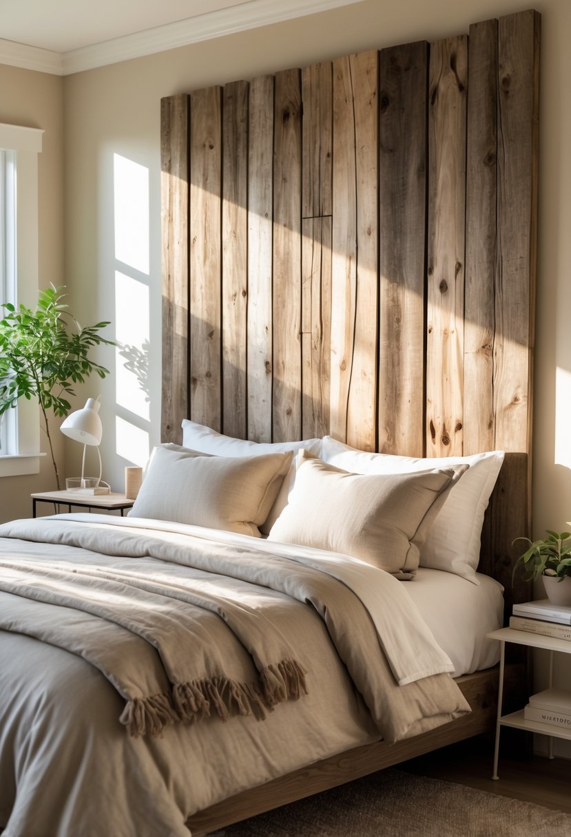 A neatly made bed with a weathered wooden headboard in a bright bedroom with natural light and simple furnishings.
