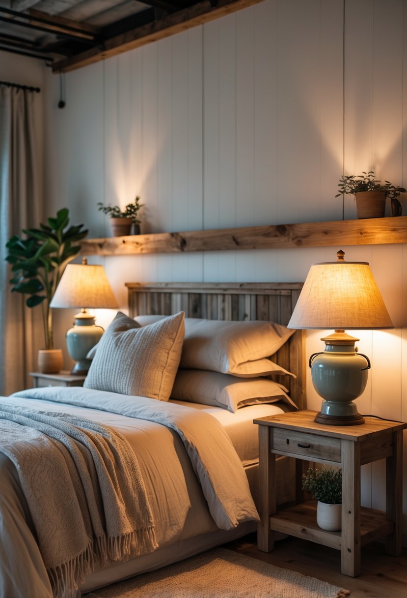 A cozy bedroom with a bed, wooden nightstands, and vintage lamps glowing warmly on each side.