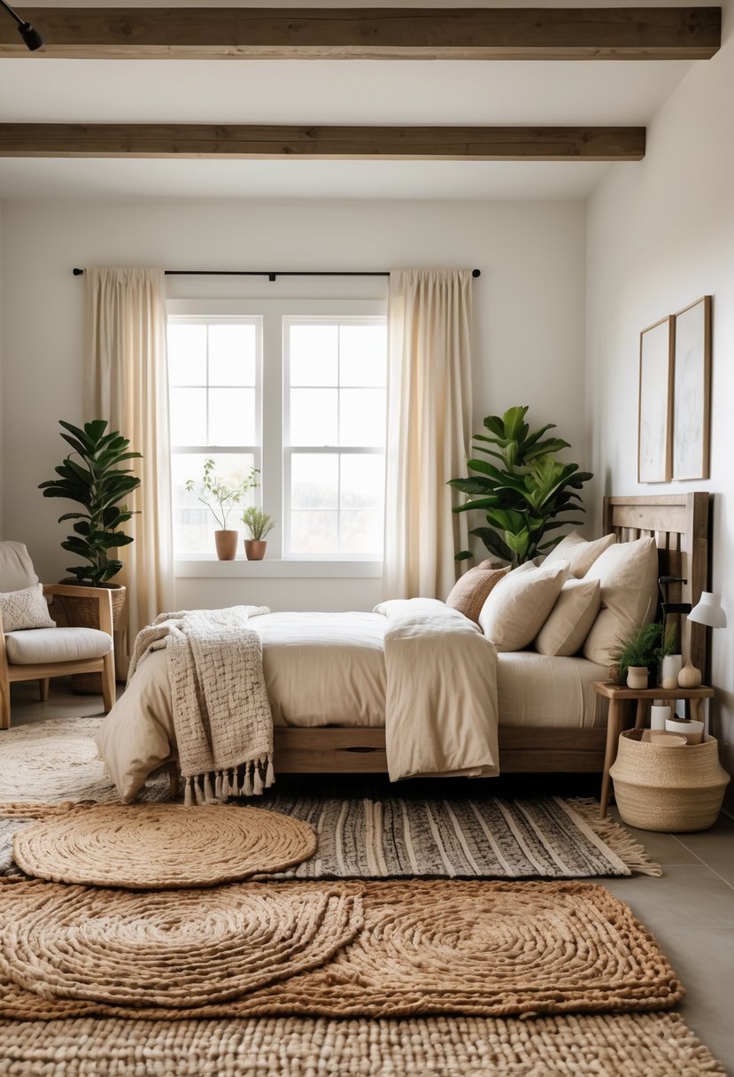 A bedroom with a bed, wooden furniture, layered woven rugs on the floor, plants, and soft natural light coming through windows.