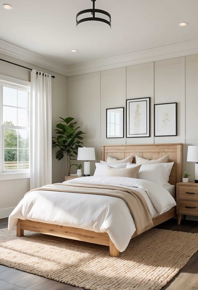 A bedroom with a bed, bedside tables, lamps, a rug, a plant, and windows letting in natural light.
