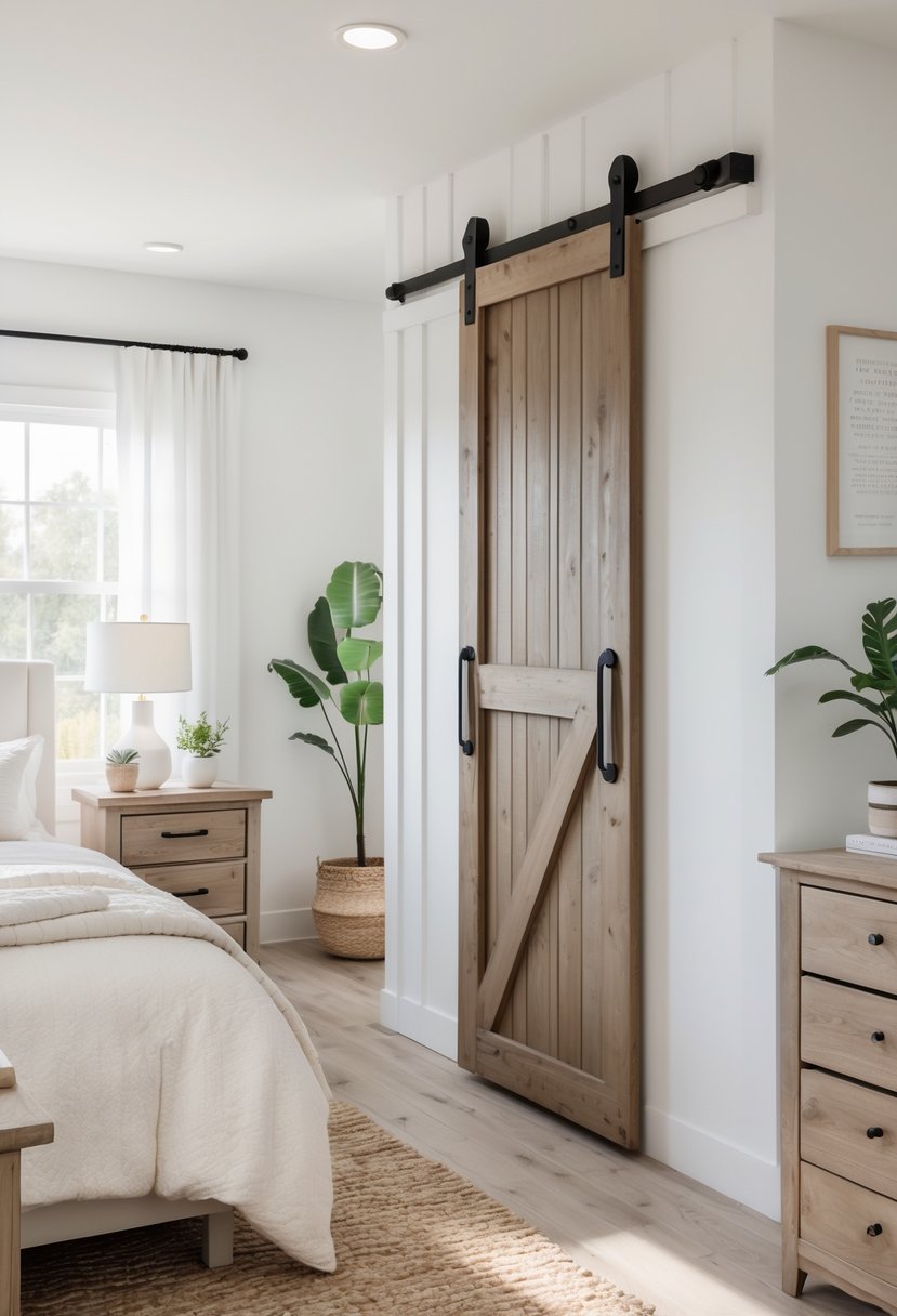 A bedroom with a large sliding barn door closet, a bed, wooden furniture, and natural light coming through windows.