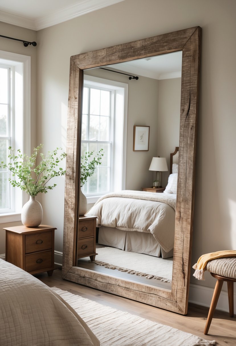A bedroom with a large wooden-framed mirror on the wall above a bed with neutral bedding and a nightstand with a lamp.