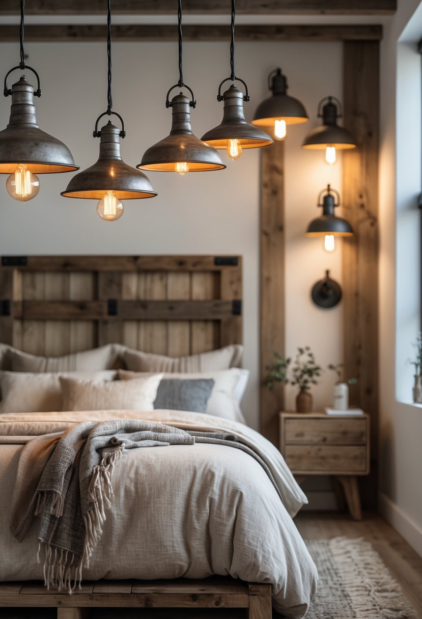 A bedroom with a cozy bed, wooden furniture, and industrial metal light fixtures providing warm lighting.