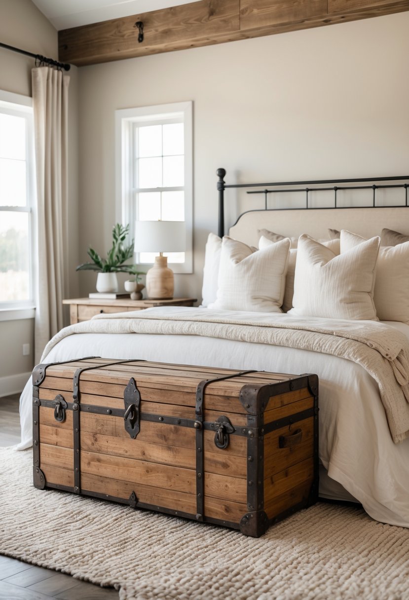 A bedroom with an antique wooden trunk at the foot of the bed surrounded by cozy furnishings and soft lighting.