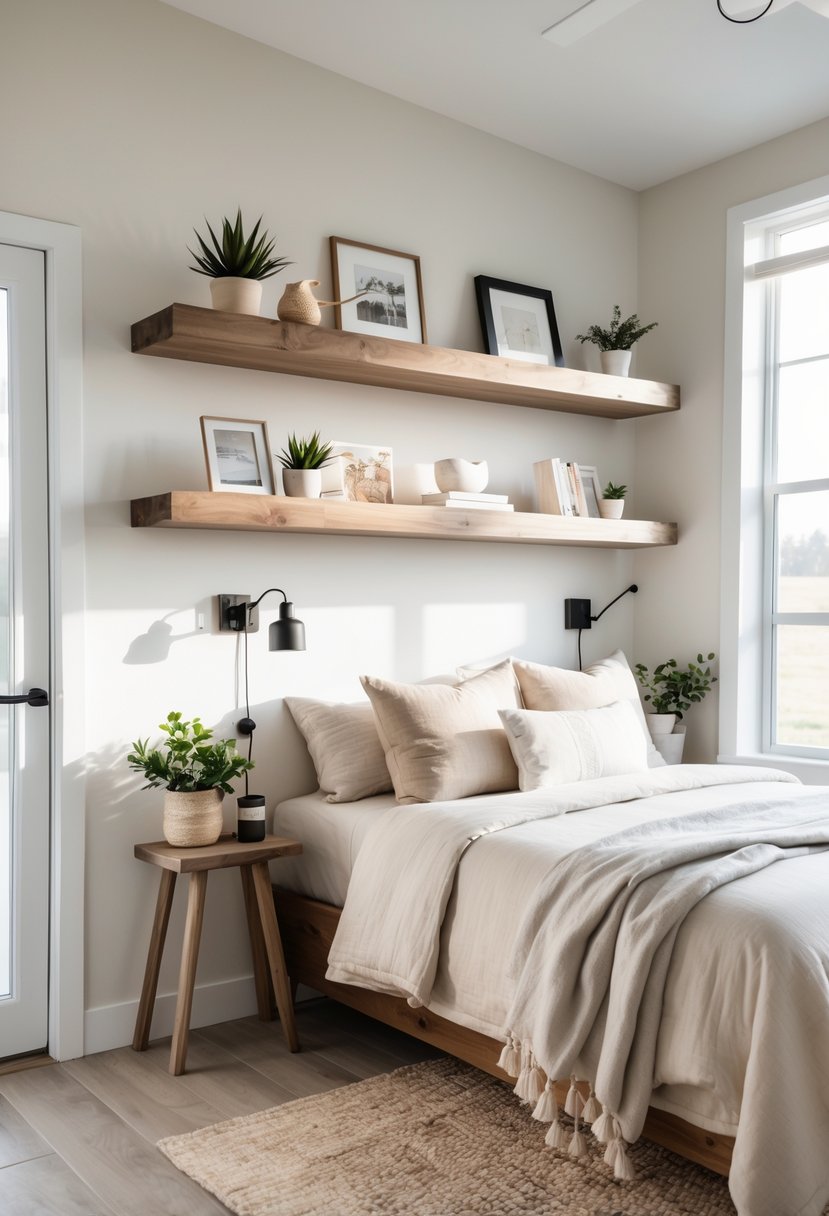 A bedroom with floating wood shelves displaying plants, books, and decor above a neatly made bed with natural light coming through a window.