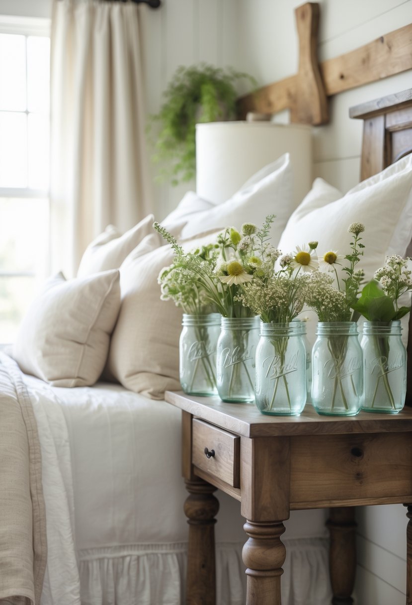 A bedroom with a bed and bedside table holding mason jars filled with flowers.