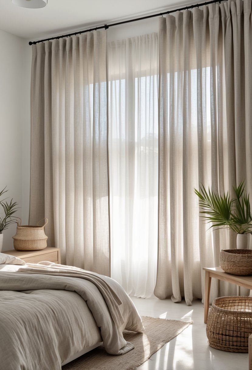A bedroom with layered linen curtains, a cozy bed, wooden furniture, and natural light coming through the window.