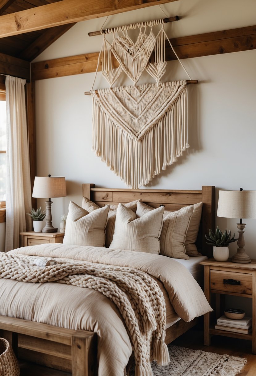 A cozy bedroom with a wooden bed, textured bedding, a macrame wall hanging above the bed, and a wooden nightstand with a plant and lamp.