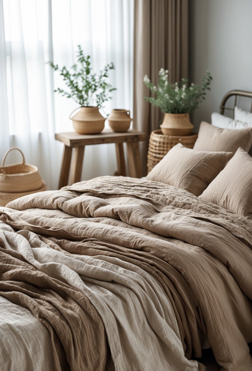 A neatly made bed with layered linen bedding in muted earth tones in a cozy bedroom with wooden furniture and natural light.