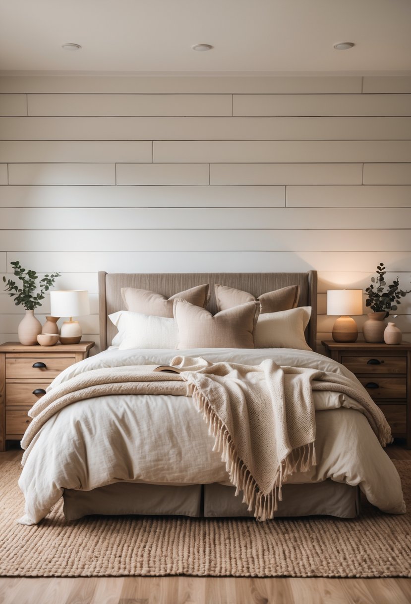 A cozy bedroom with a wooden accent wall behind the bed, featuring neutral bedding and rustic nightstands with decorative items.