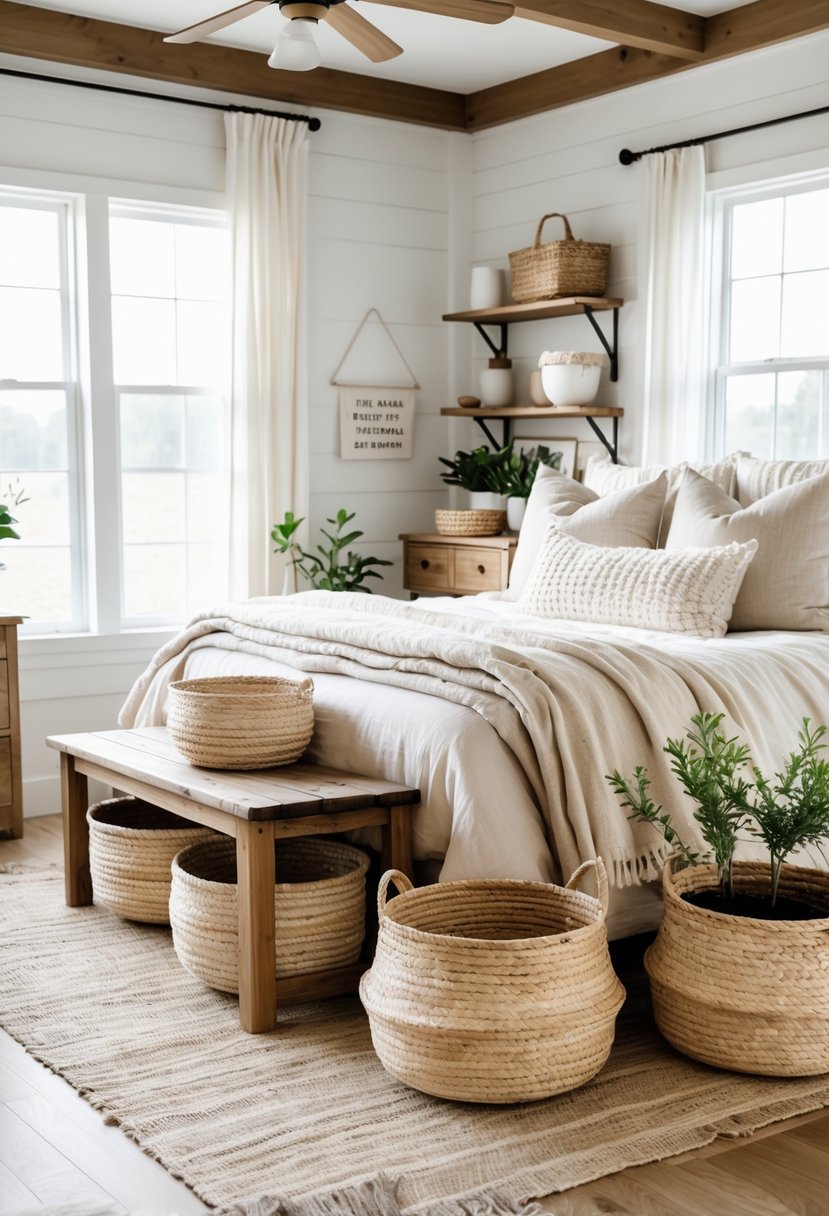 A bedroom with a bed, wooden furniture, potted plants, and woven baskets used for storage.