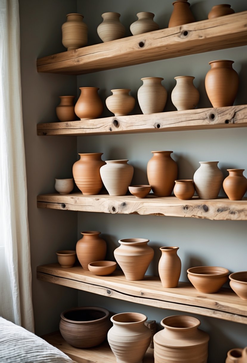 Wooden shelves displaying a variety of clay jars and pottery in a bedroom setting.