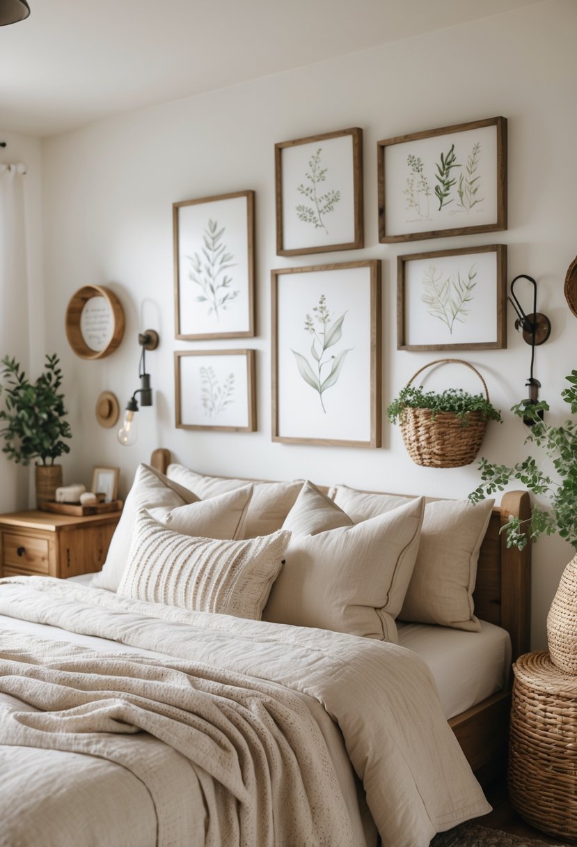 A cozy bedroom with a neatly made bed and framed botanical and sketch art hanging on the wall above it.