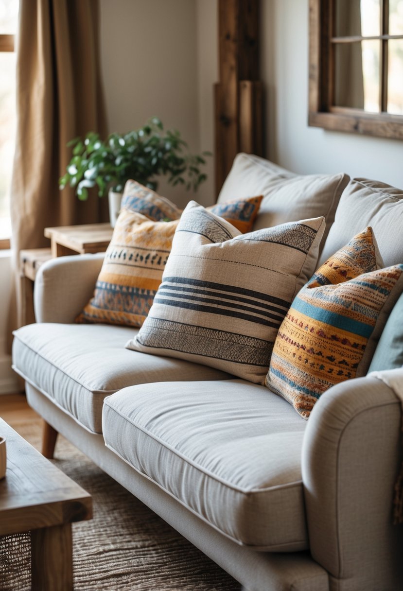 A bedroom with a neutral sofa decorated with patterned throw pillows and rustic wooden furniture in soft natural light.