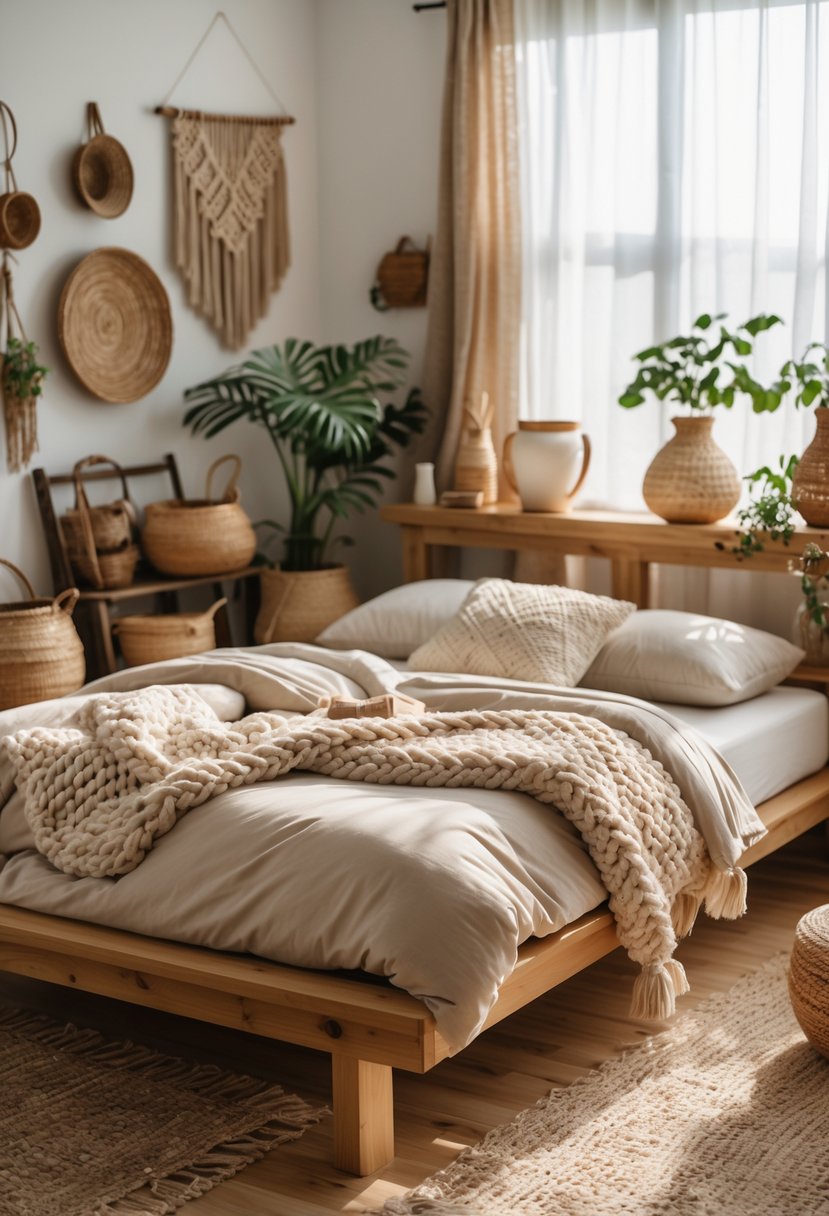 A cozy bedroom with a low wooden bed frame, soft bedding, plants, and warm natural light.