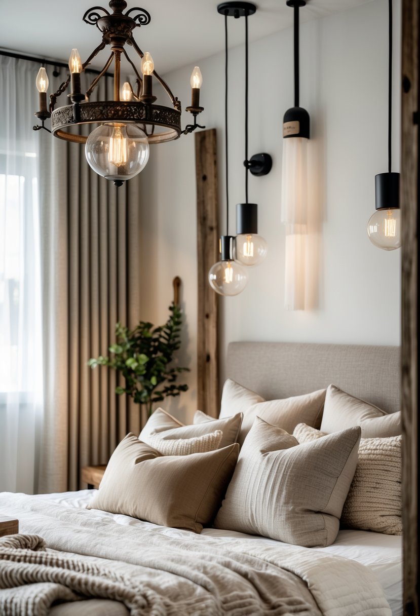 A cozy bedroom with a bed, various hanging light fixtures, wooden accents, and soft natural lighting.