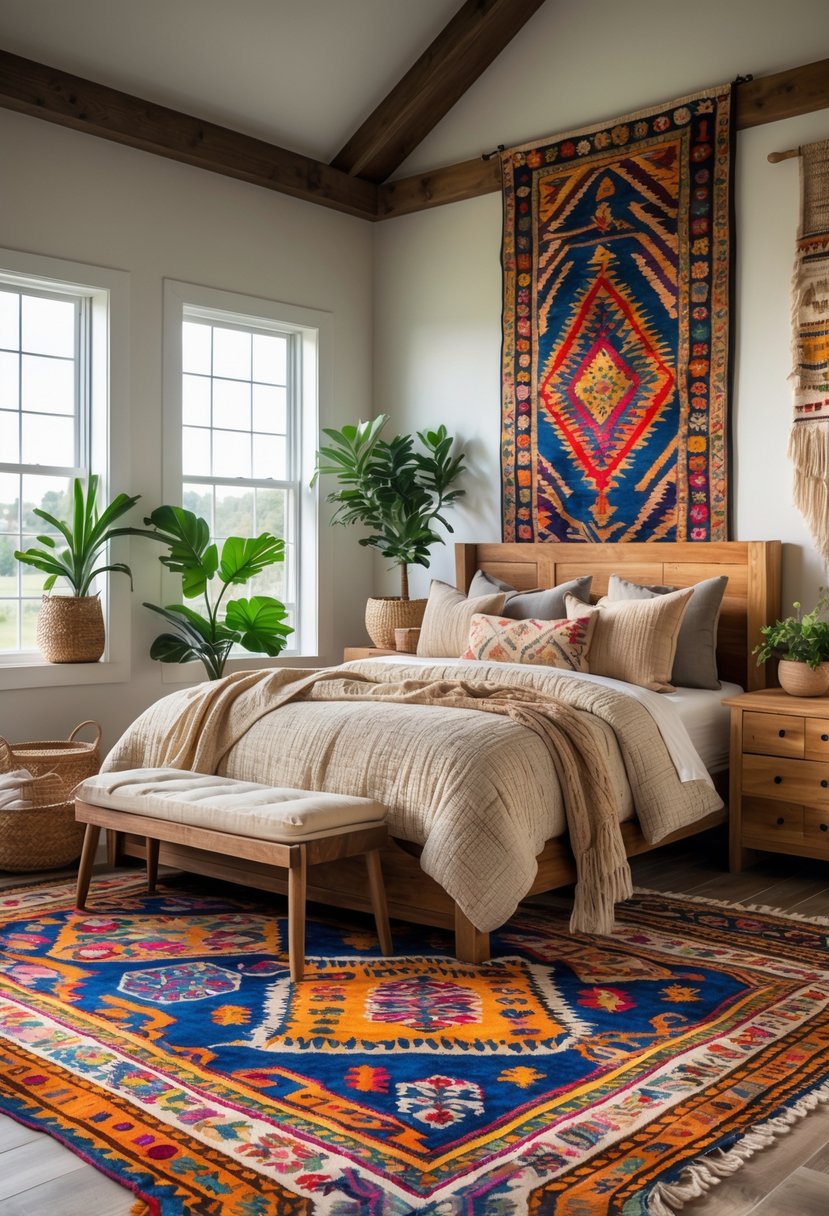 A cozy bedroom with a bed, wooden furniture, colorful patterned rugs on the floor and walls, natural light, and decorative plants.