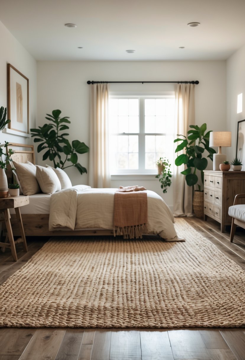 A bedroom with a large woven area rug on the floor, a bed, wooden furniture, and natural light coming through a window.
