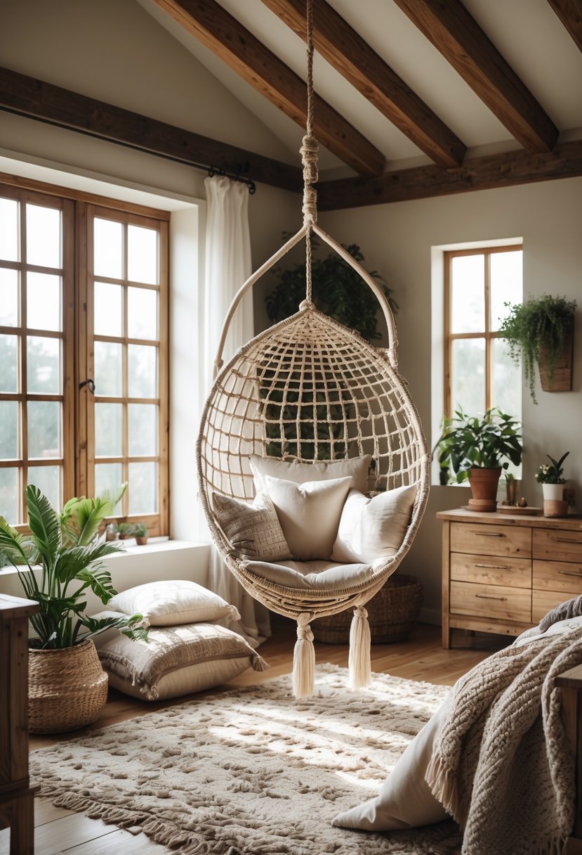 A bedroom with a hammock chair hanging from the ceiling, wooden furniture, plants, and soft natural light.