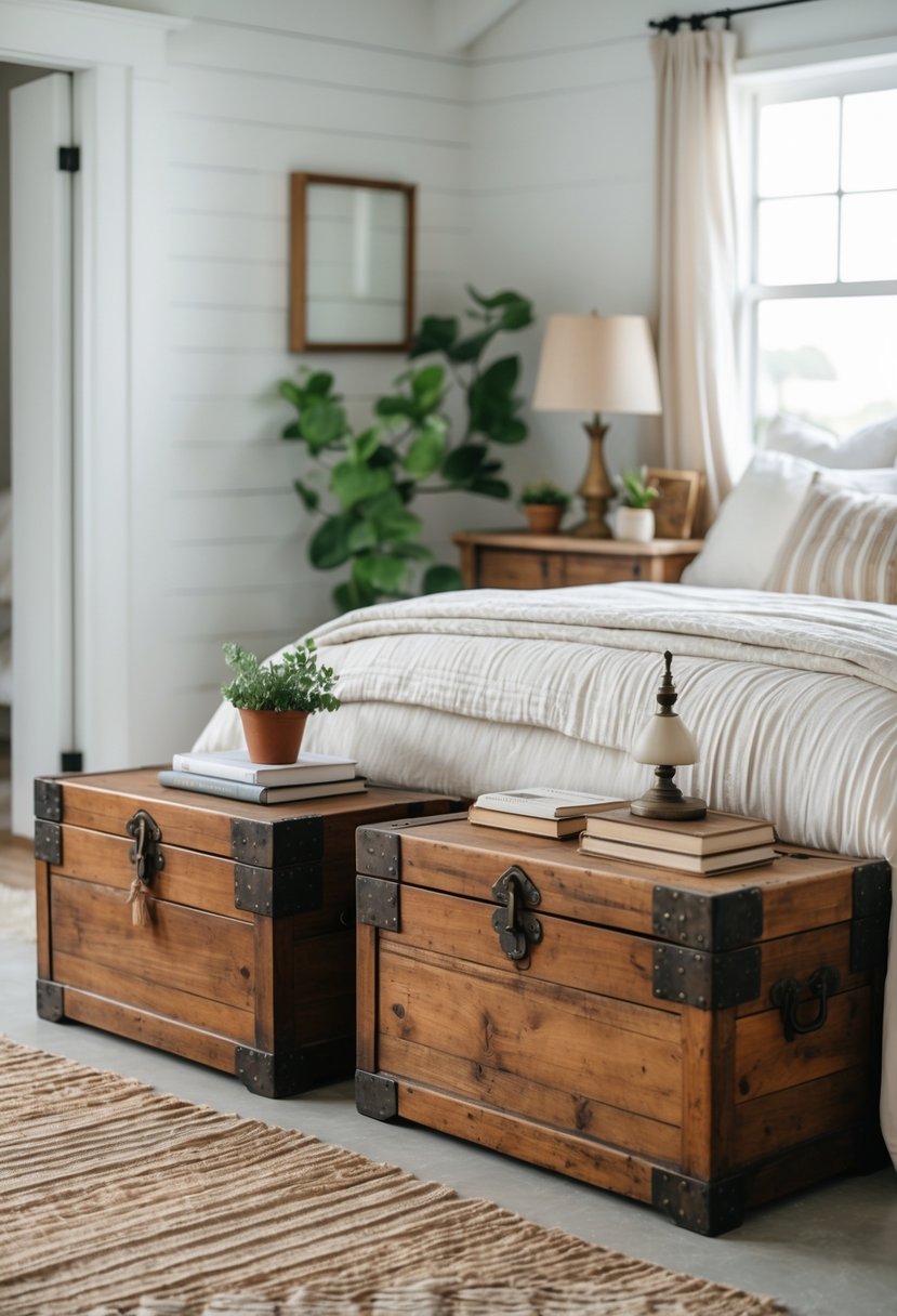 A bedroom with a bed and antique wooden chests used as bedside tables, decorated with plants and a lamp.