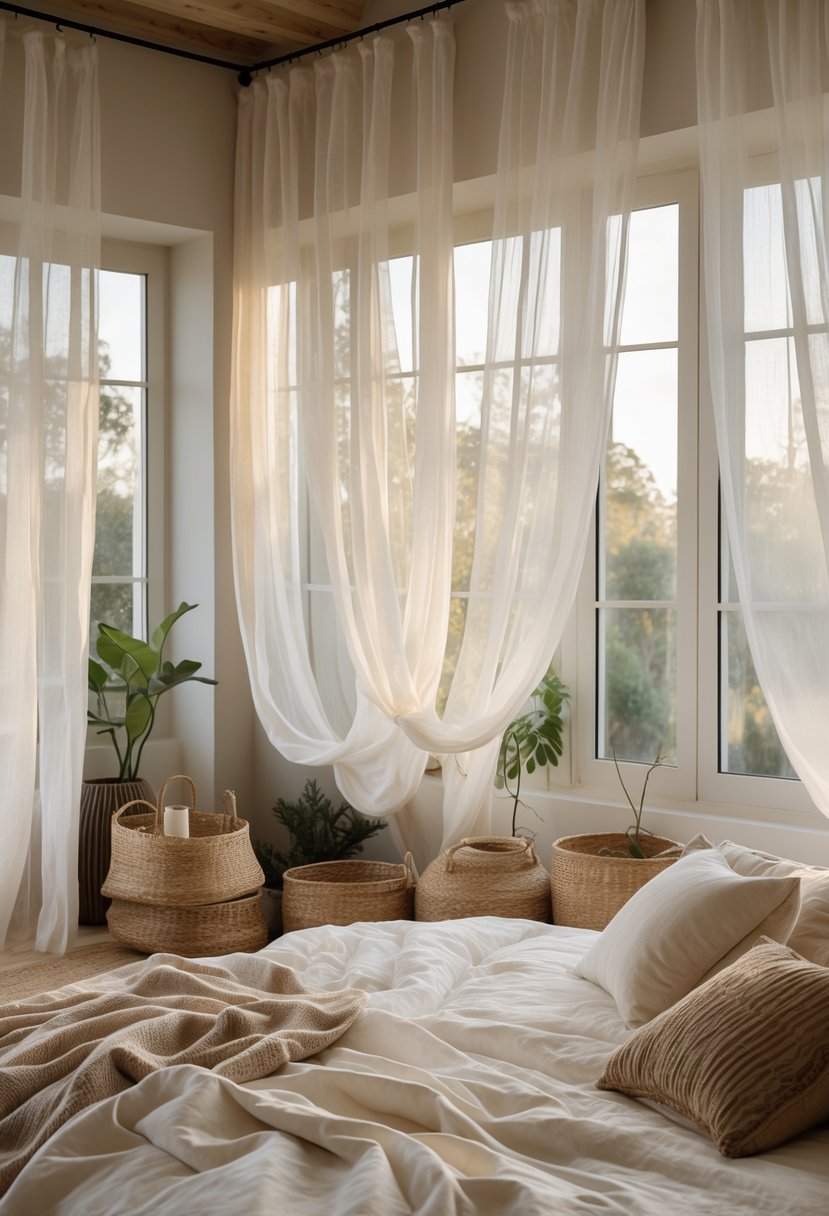 A bedroom with sheer curtains softly filtering sunlight through large windows, a neatly made bed, and wooden furniture.
