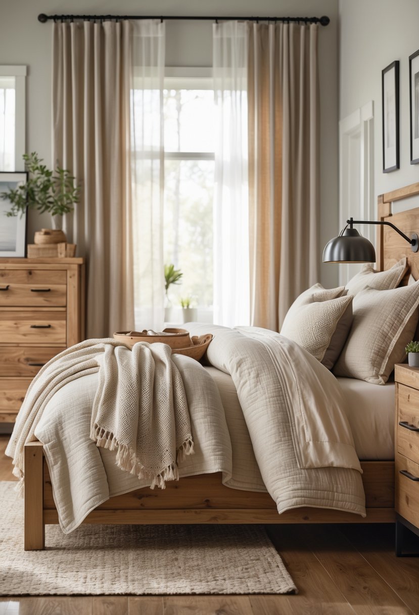 A cozy bedroom with a wooden bed, metal lamps, and natural light coming through sheer curtains.