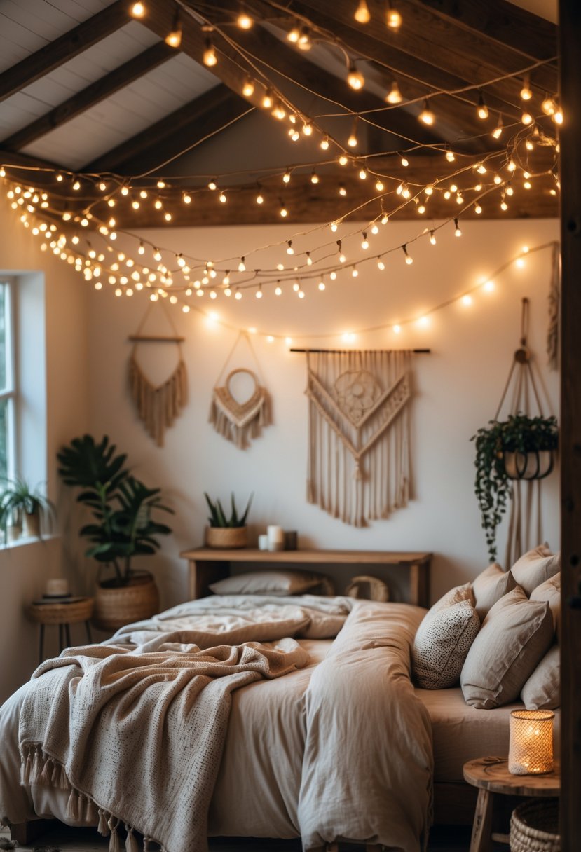 A cozy bedroom with a bed and hanging string fairy lights casting a warm glow over the room.