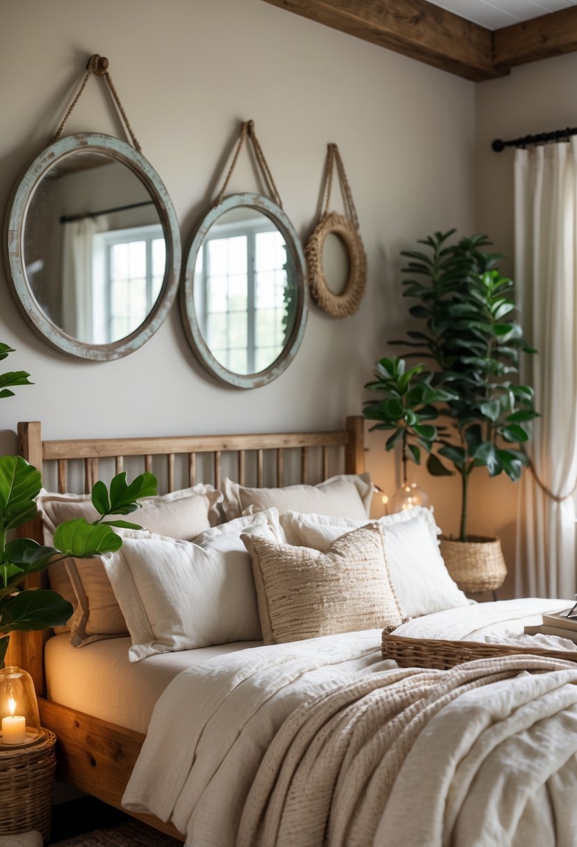 A cozy bedroom with a bed, vintage mirrors with distressed wooden frames on the wall, wooden furniture, and decorative plants.