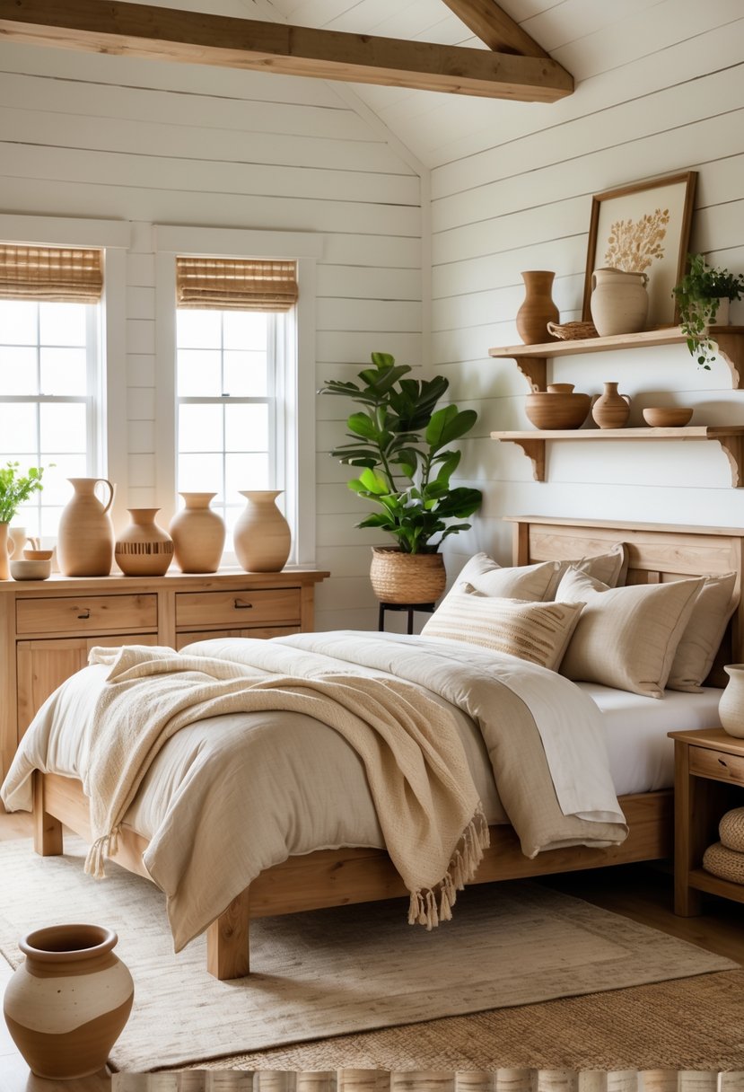 A cozy bedroom with a bed, wooden furniture, plants, and handcrafted pottery displayed on shelves and tables.