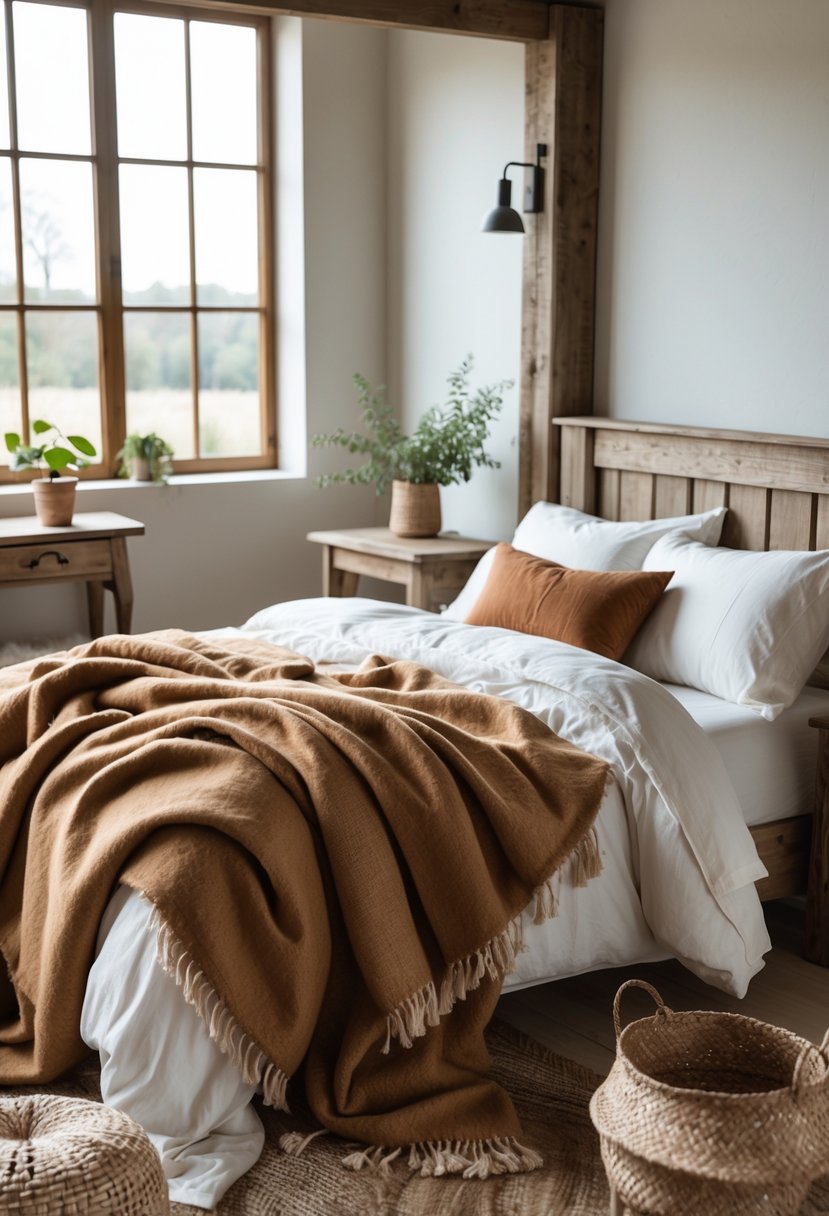A cozy bedroom with a bed layered with wool throws and cotton sheets, rustic wooden furniture, and natural light coming through large windows.