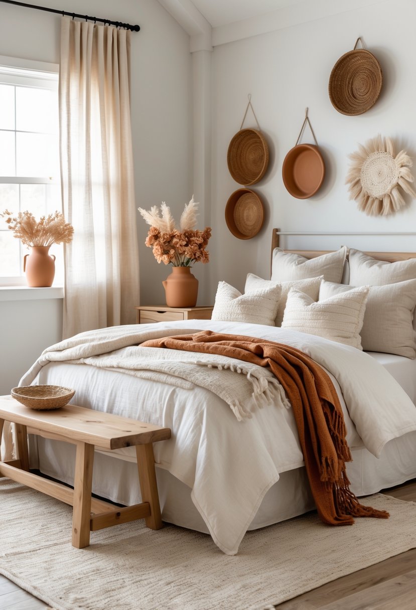 A bedroom with a bed, pillows, wooden furniture, and natural light coming through sheer curtains.
