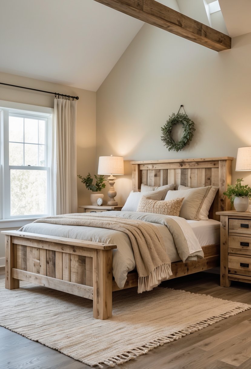 A guest bedroom with a wooden bed, nightstands, and dresser, soft bedding, a rug on the floor, and natural light coming through a window.