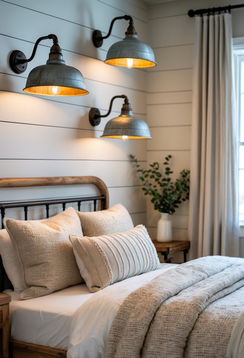 A guest bedroom with a wooden bed, neutral bedding, metal wall lamps, and a small wooden nightstand with a vase of greenery.
