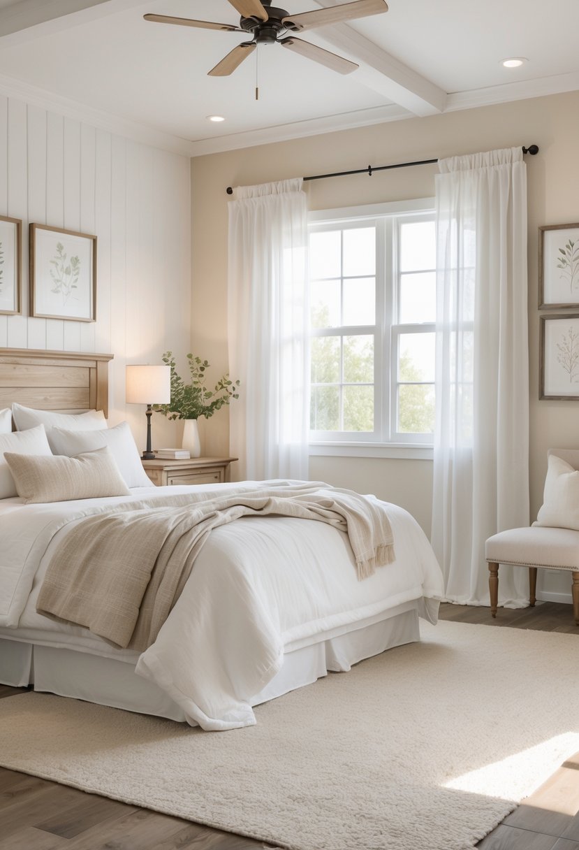 A cozy guest bedroom with a bed, wooden headboard, bedside table with lamp, and natural light coming through sheer curtains.