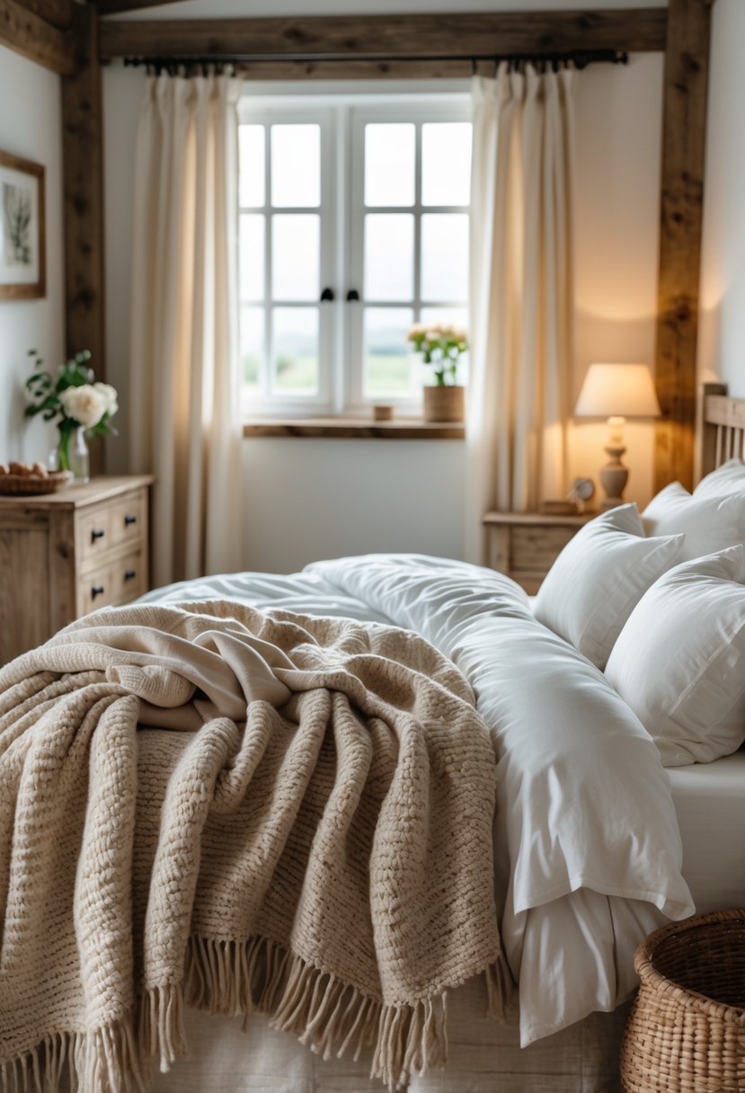 A guest bedroom with a bed covered in knitted throw blankets, wooden furniture, and soft natural lighting.