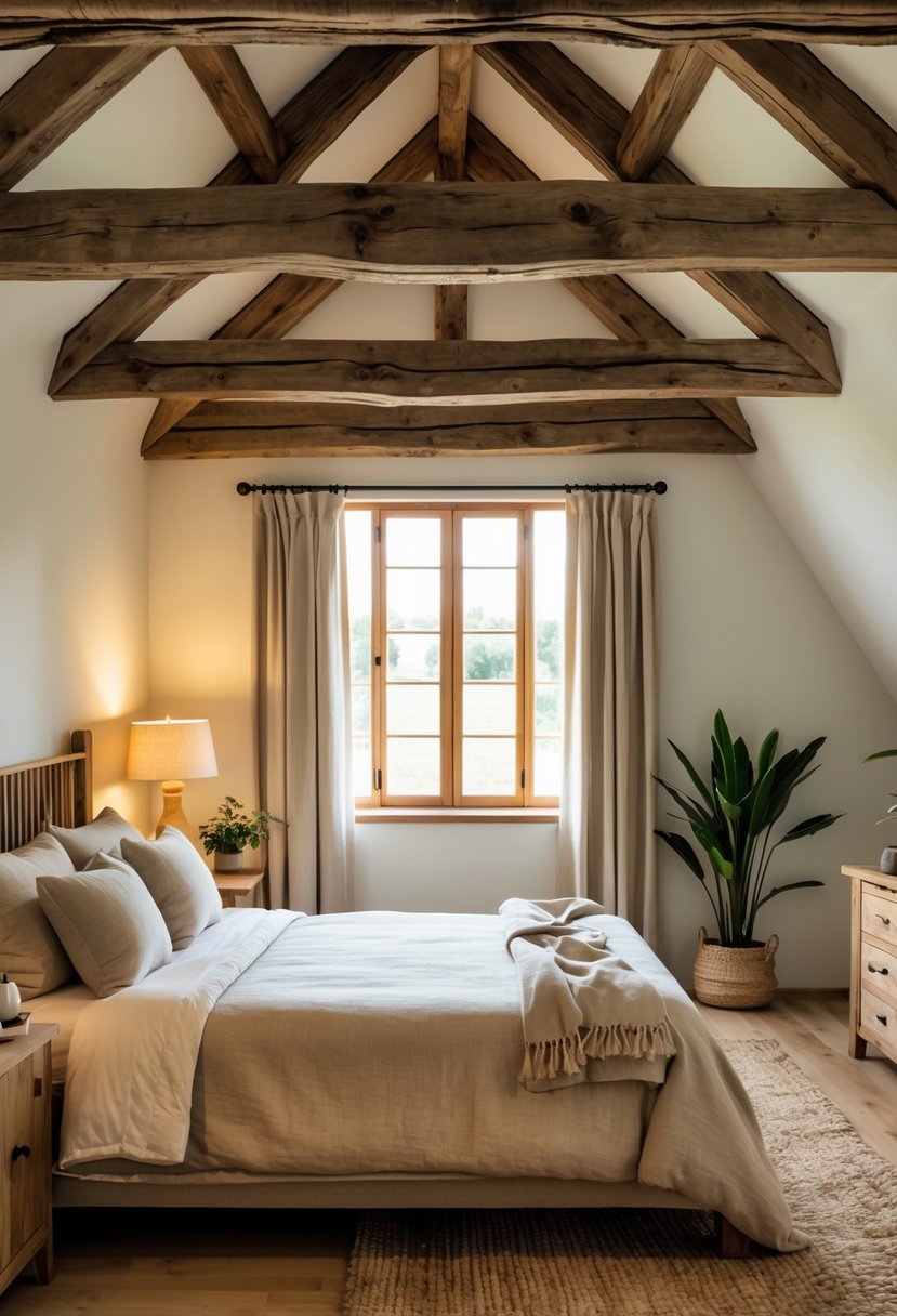 A guest bedroom with exposed wooden ceiling beams, a bed with neutral bedding, a nightstand with a lamp, and natural light coming through a window.