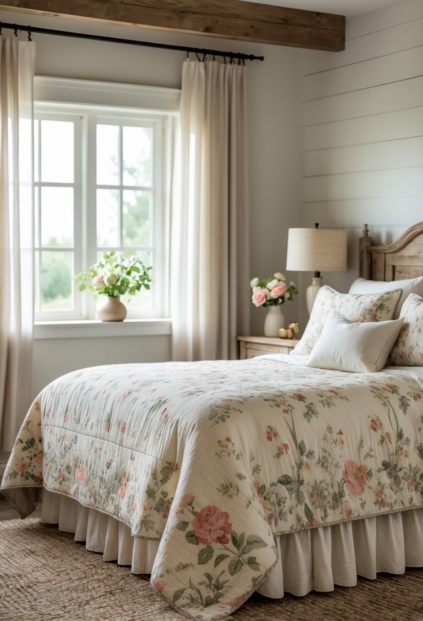 A guest bedroom with a bed made up with floral bedding, wooden furniture, and natural light coming through a window.