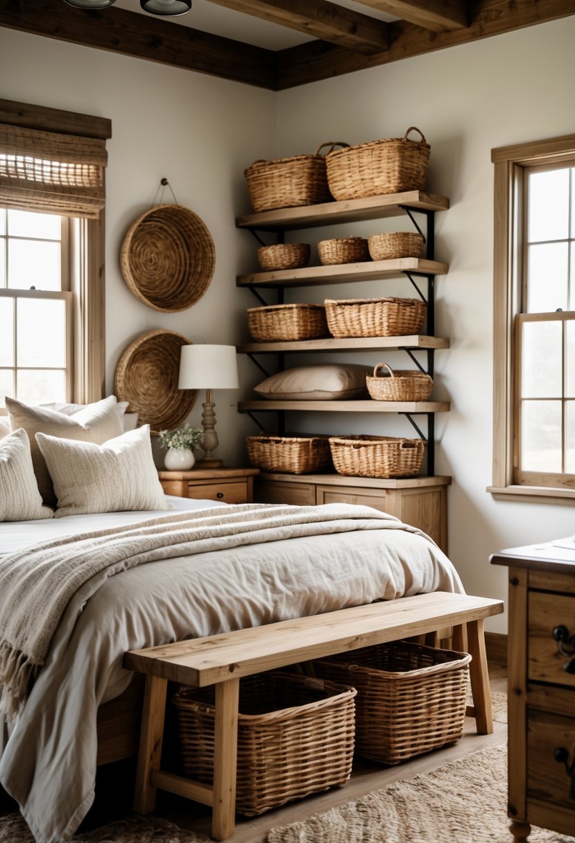 Guest bedroom with woven wicker baskets used for storage placed around the room near the bed and furniture.