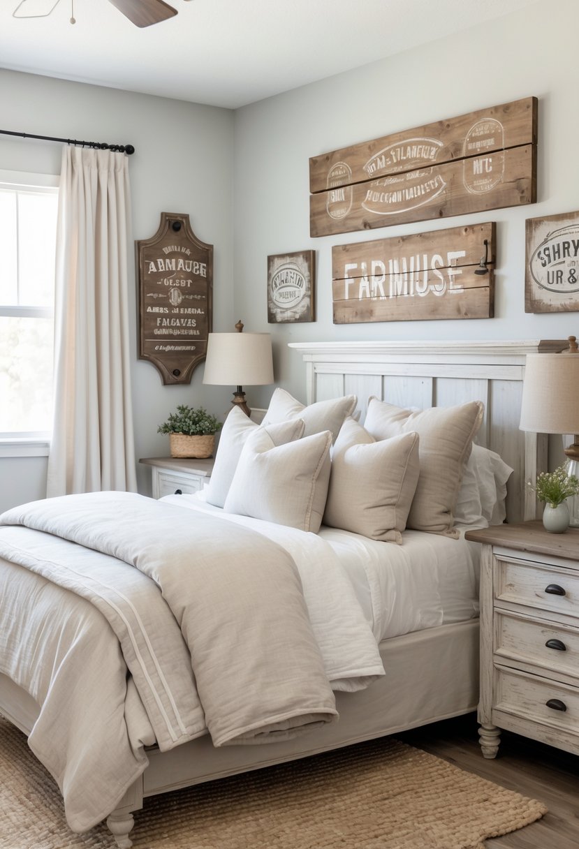 A cozy guest bedroom with a bed, wooden furniture, and rustic wall decorations.
