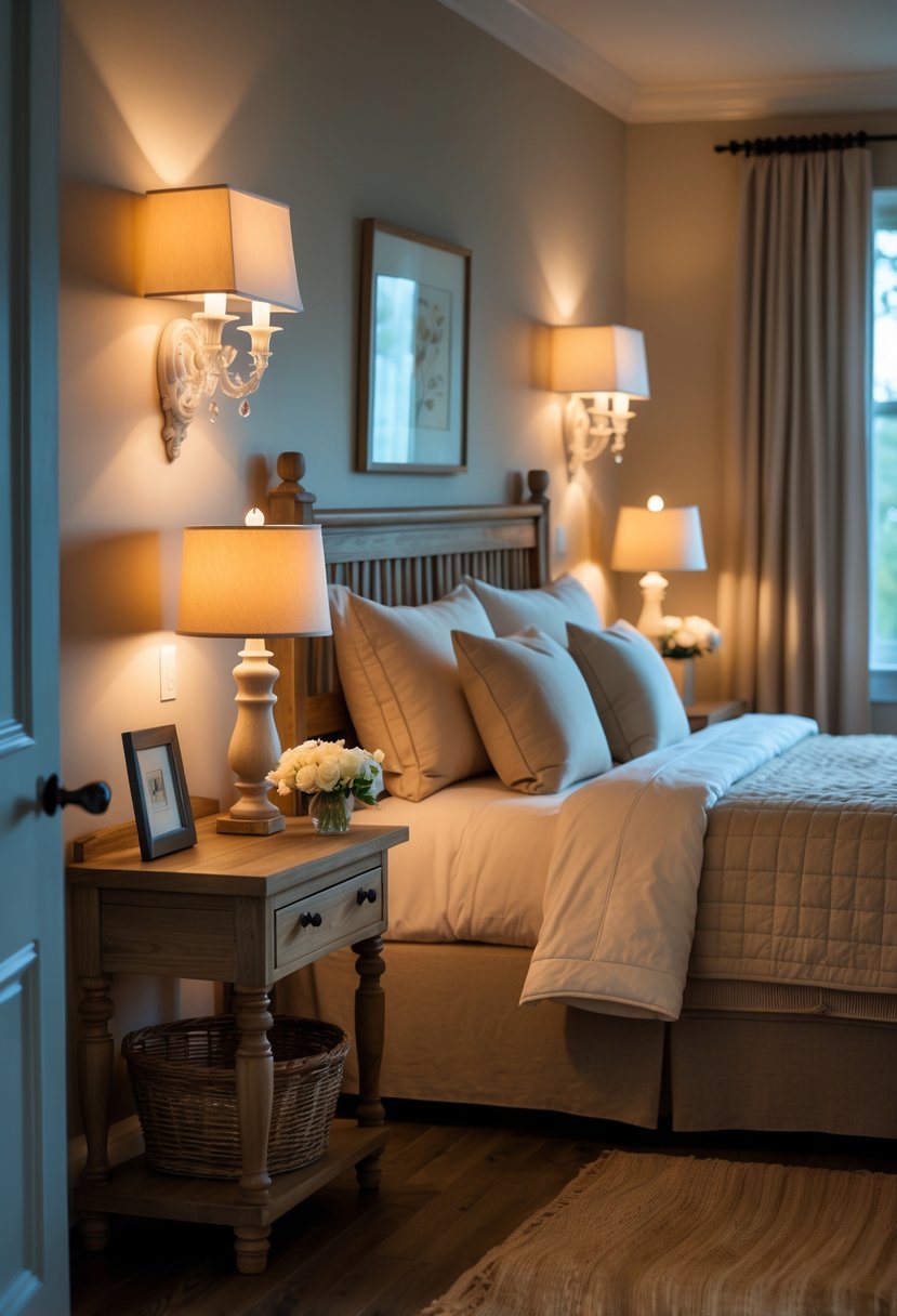 A warmly lit guest bedroom with a bed, bedside table, wall sconces, and table lamps creating a cozy atmosphere.