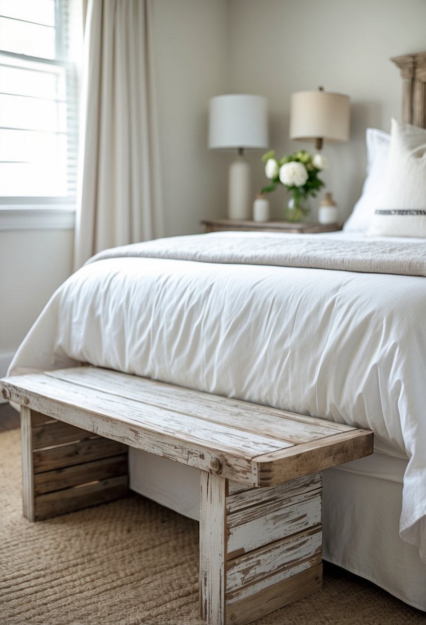 A guest bedroom with a distressed wooden bench at the foot of the bed and soft natural lighting.
