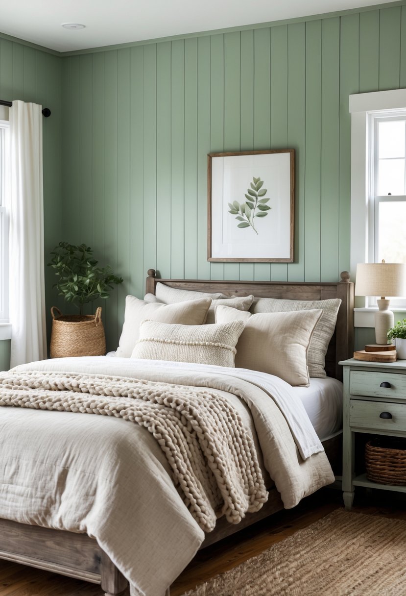 A bedroom with sage green shiplap walls, a bed with neutral linens, wooden furniture, and soft natural lighting.