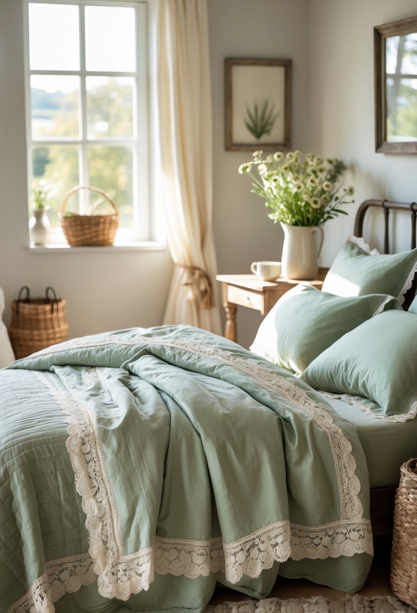 A neatly made bed with sage green linens and lace details in a softly lit bedroom with wooden furniture and a vase of flowers on a bedside table.