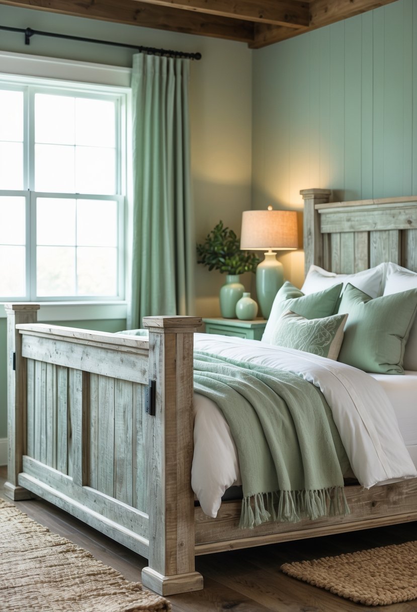 A bedroom with weathered wood furniture and sage green accents, including pillows and curtains, bathed in natural light.