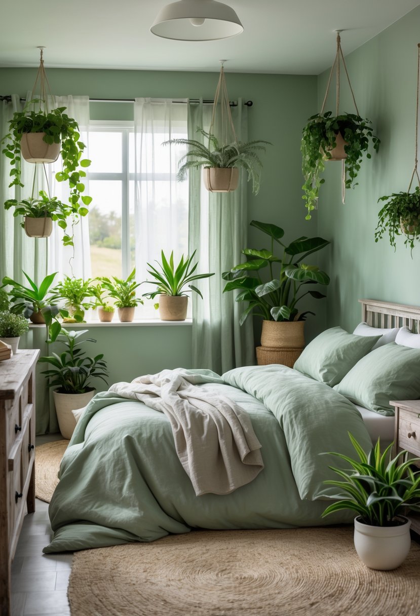 A bedroom with a bed, indoor plants, wooden furniture, and soft natural light.