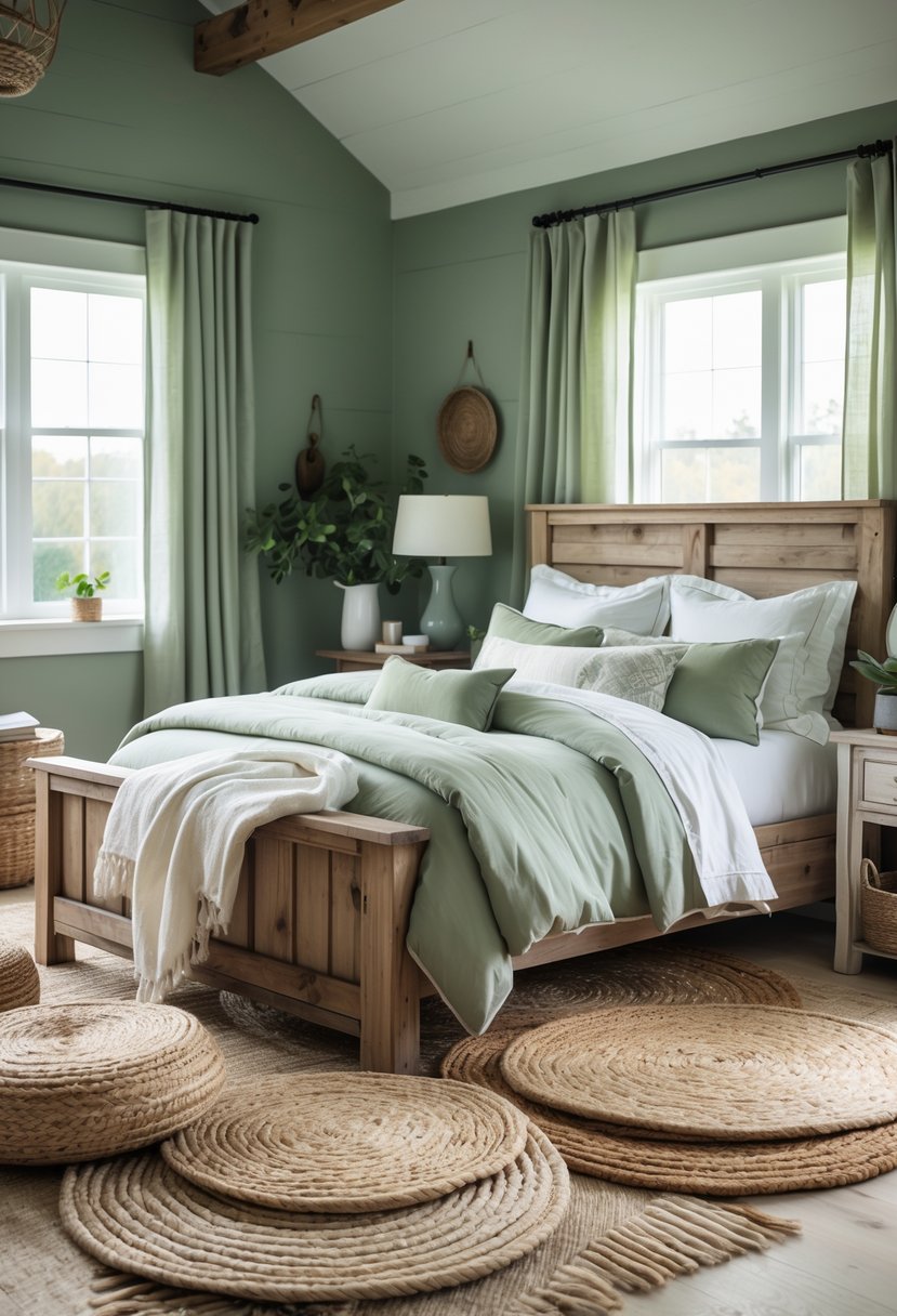 A bedroom with layered natural fiber rugs on the floor and sage green bedding on a wooden bed under soft natural light.